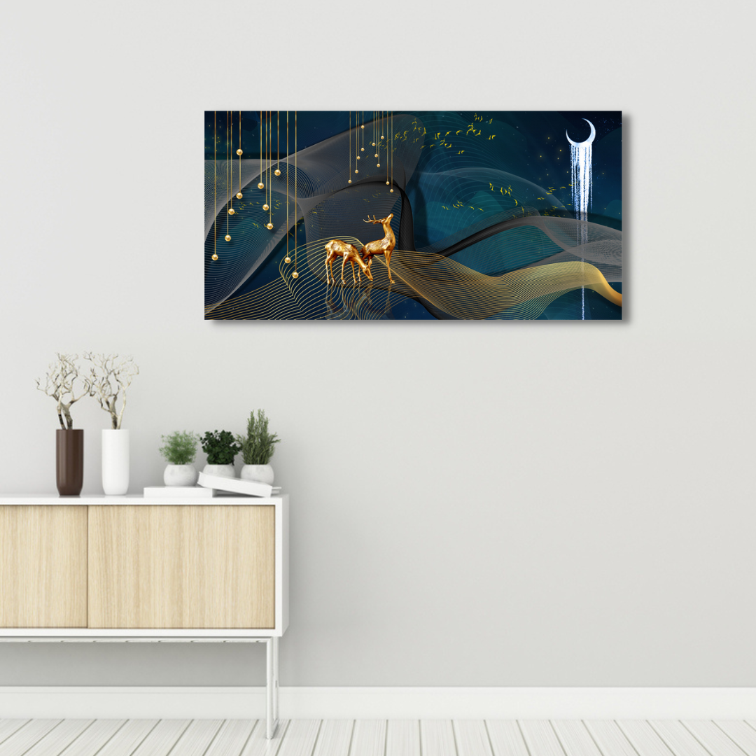 Golden Deer In Night Canvas Wall Painting