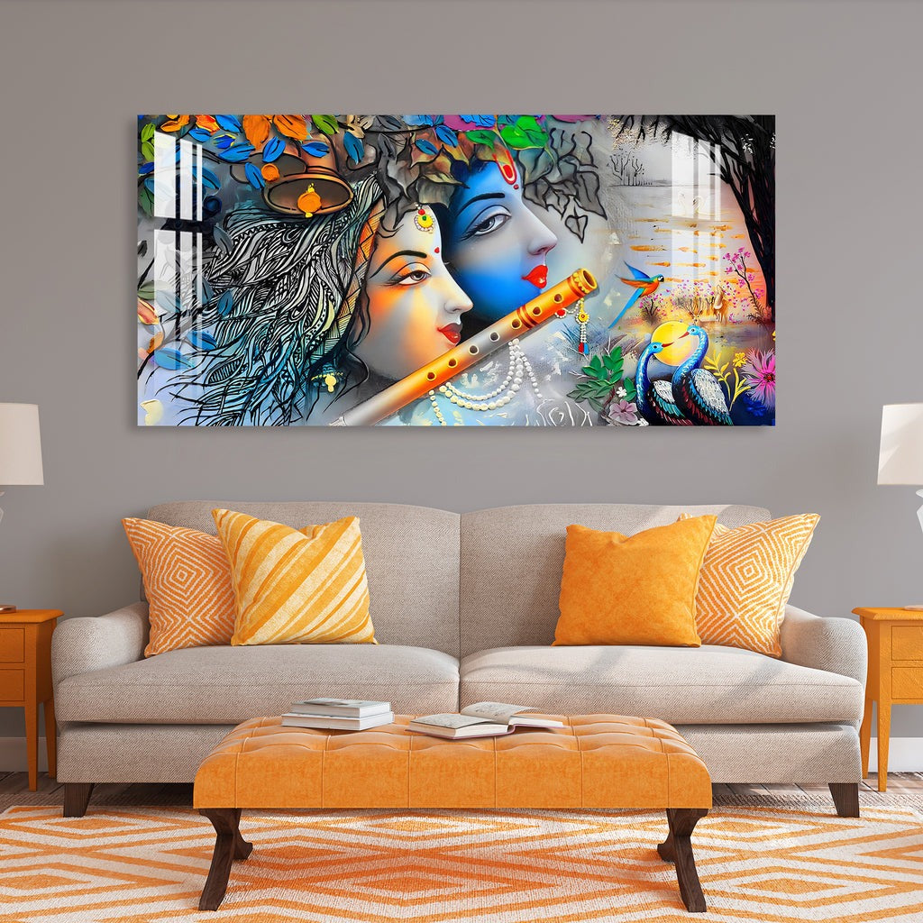 Radha Krishna with Flowers & Flute Acrylic Wall Art