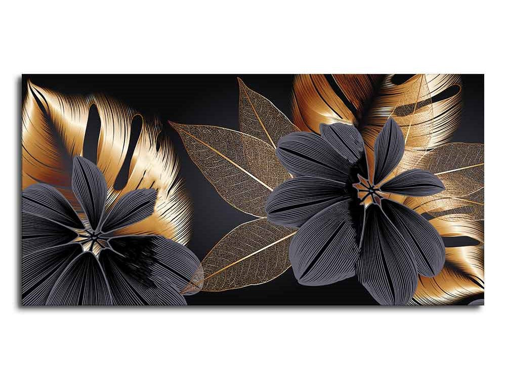 Flowers with Golden Monstera Leaves Canvas Wall Painting