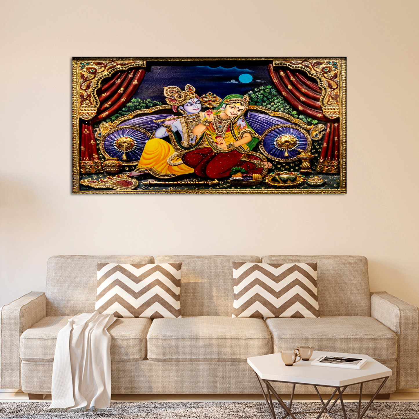 flute playing Krishna with Radha wall painting