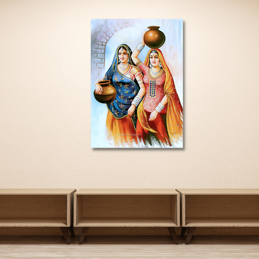 beautiful rajasthani art of two women with matka wall painting