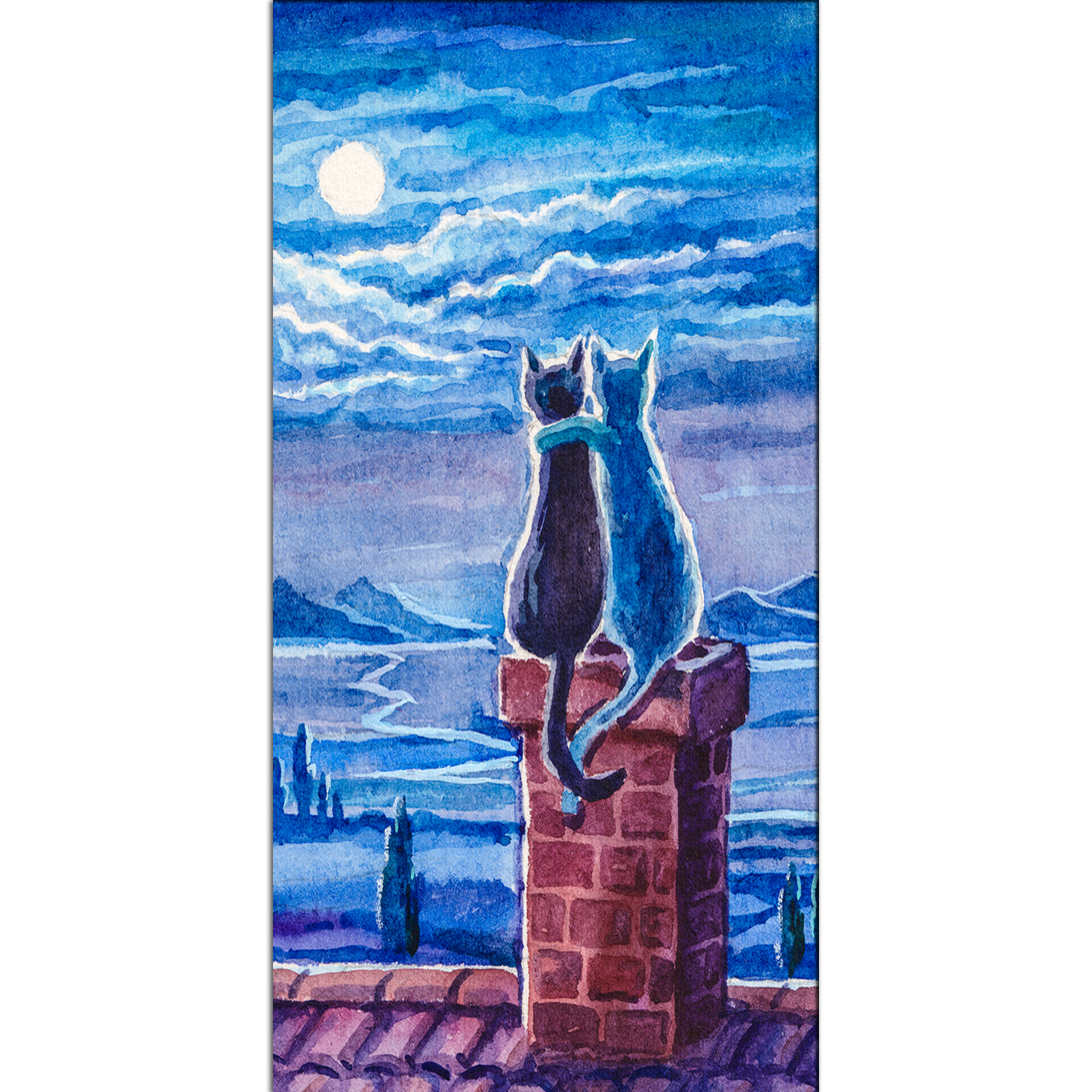 Cats Admire The Moon Night Canvas Print Wall Painting