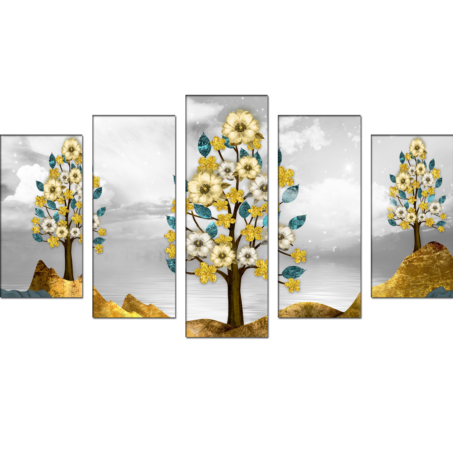 Brown trees with golden flowers MDF panel painting