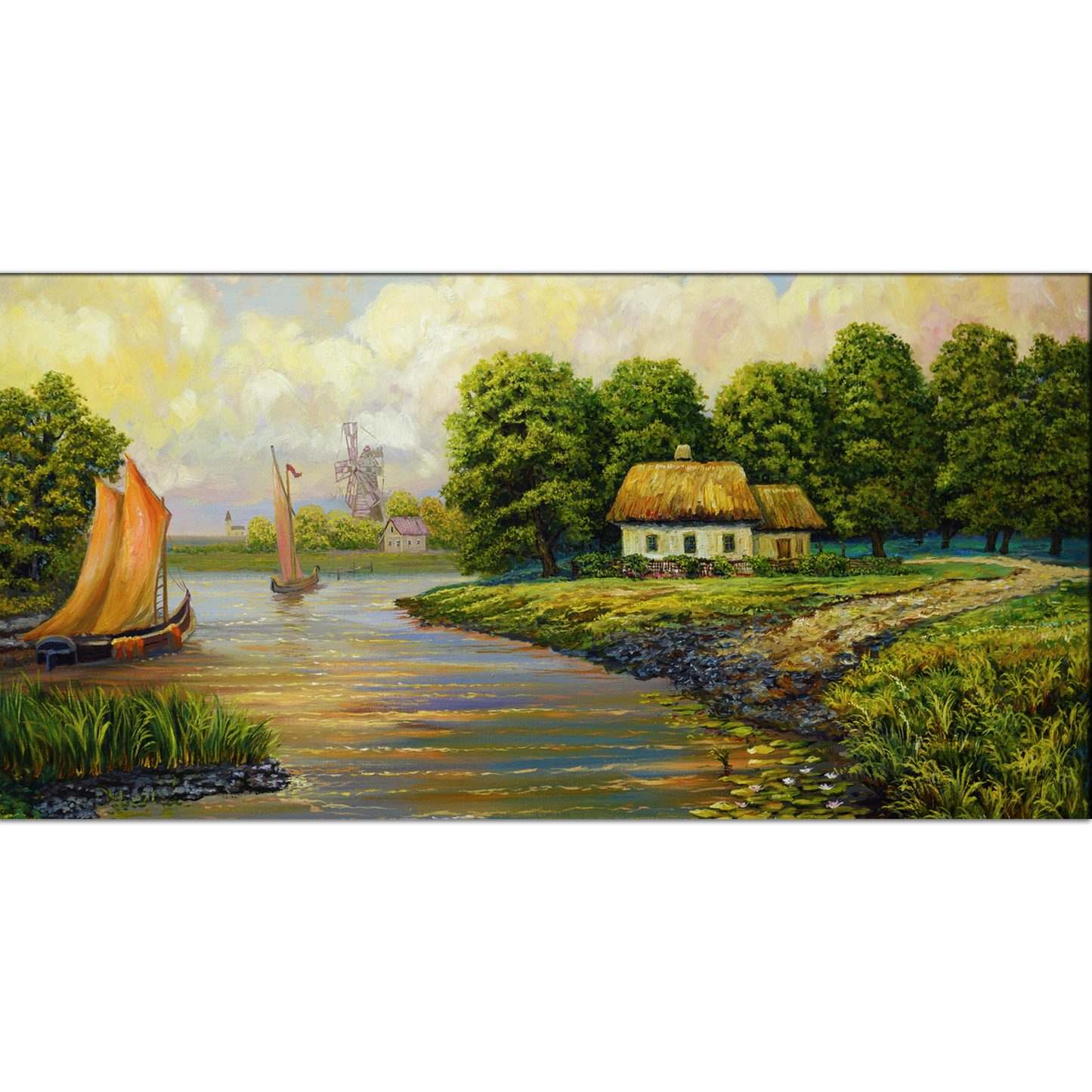 River, Boat & Village Abstract Canvas Print Wall Painting