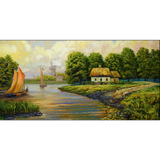 River, Boat & Village Abstract Canvas Print Wall Painting