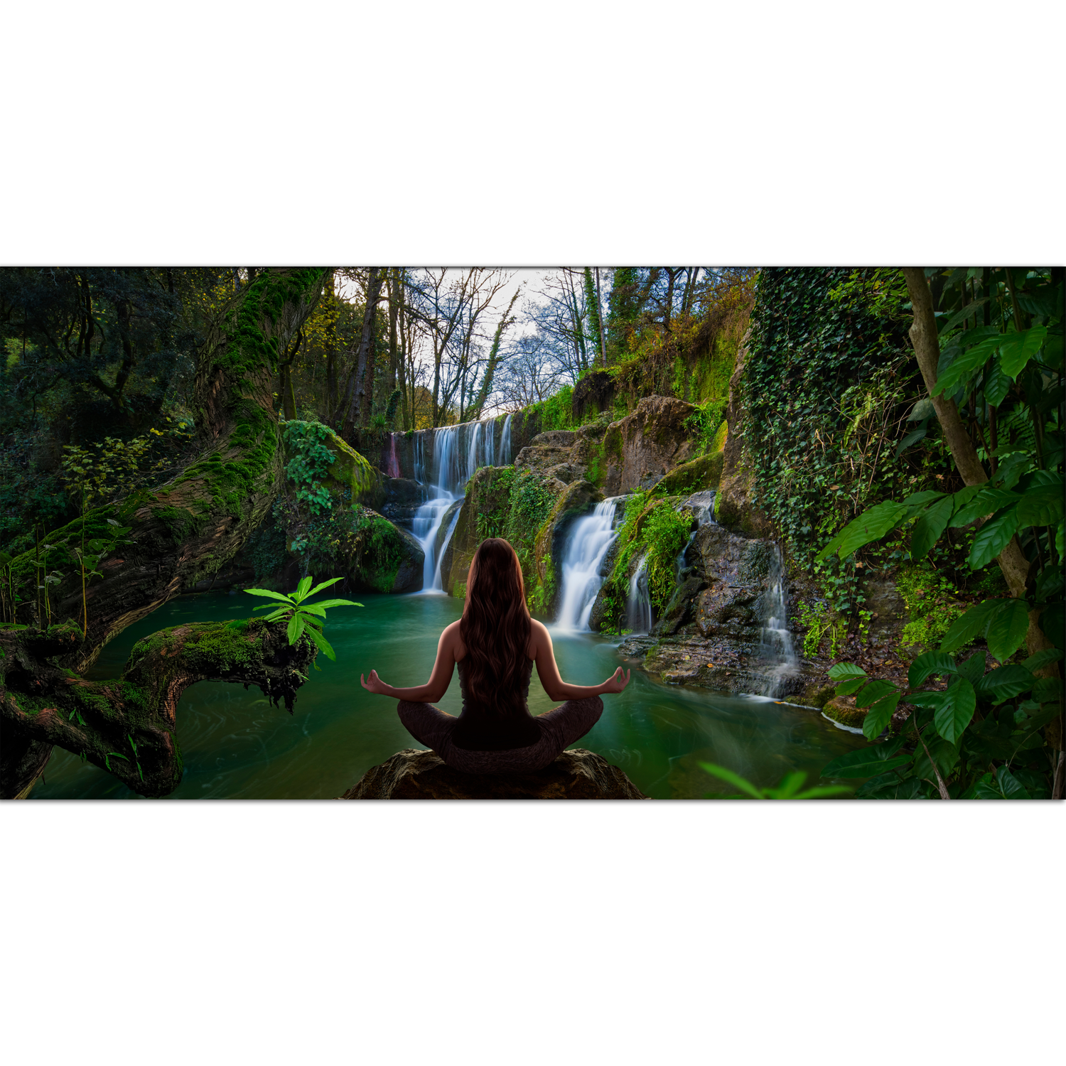 Yoga Woman in front of Waterfall Canvas Print Wall Painting