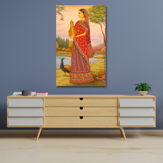  Rajasthani Girl stand With Peacock Canvas Print Wall Painting