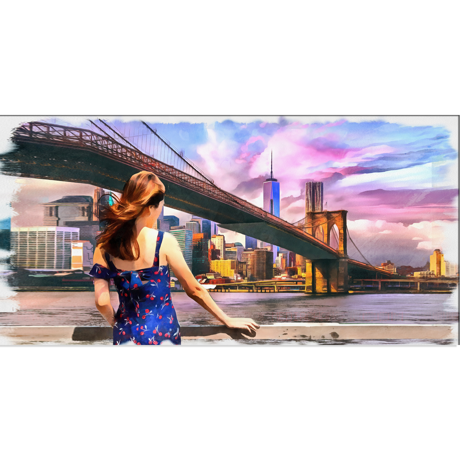 Beautiful Girl Standing Looking into Brooklyn Bridge Canvas Print Wall Painting