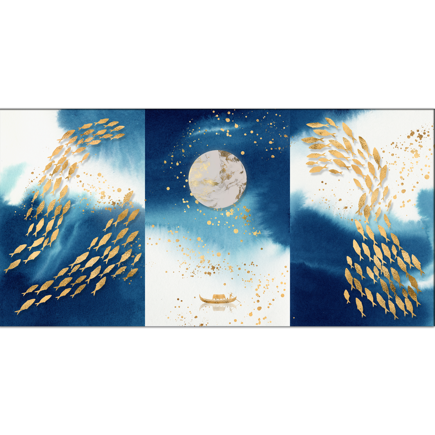 Fish Swimming, Moon and Boat Canvas Print Wall Painting