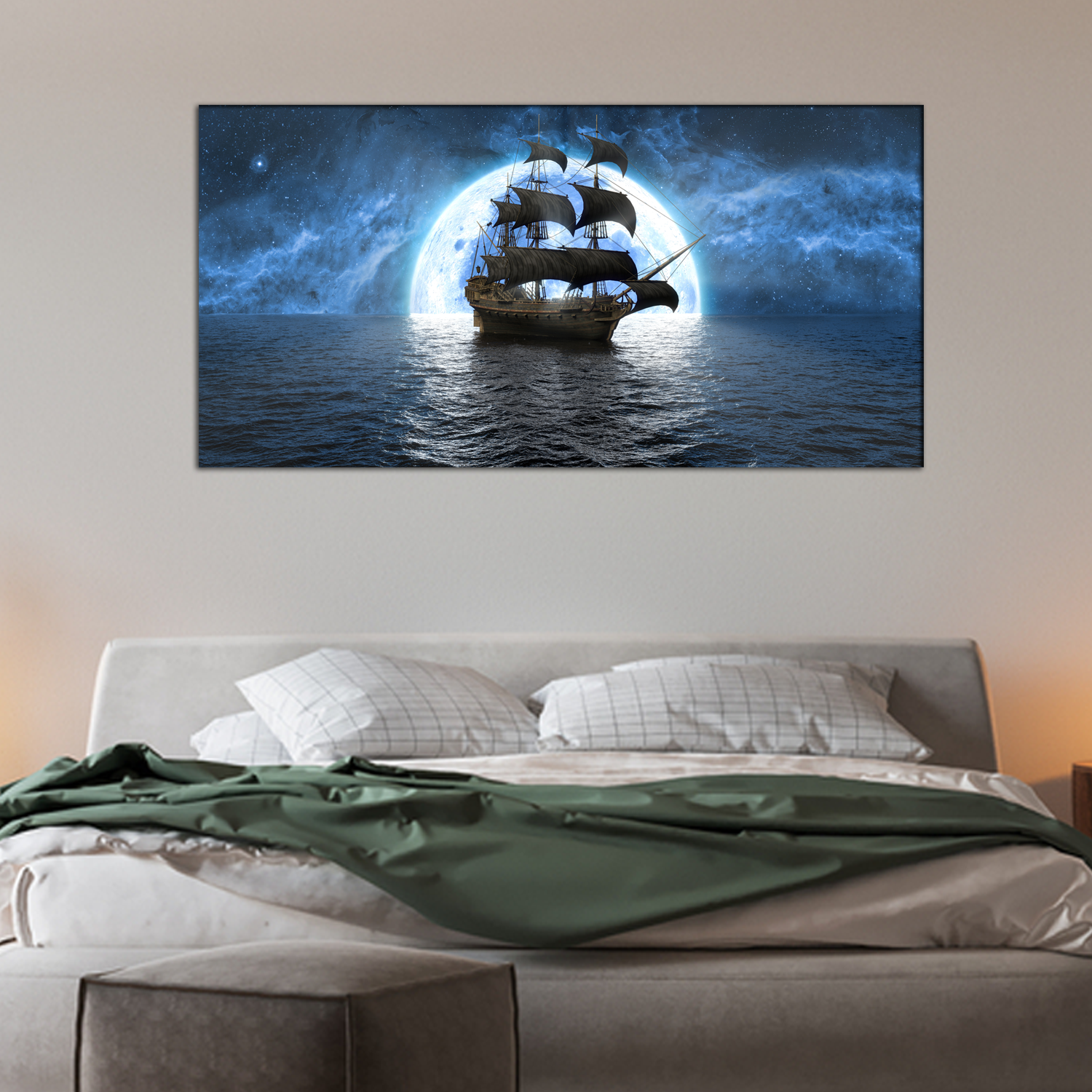 Ship at Sea with Large Moon Canvas Print Wall Painting