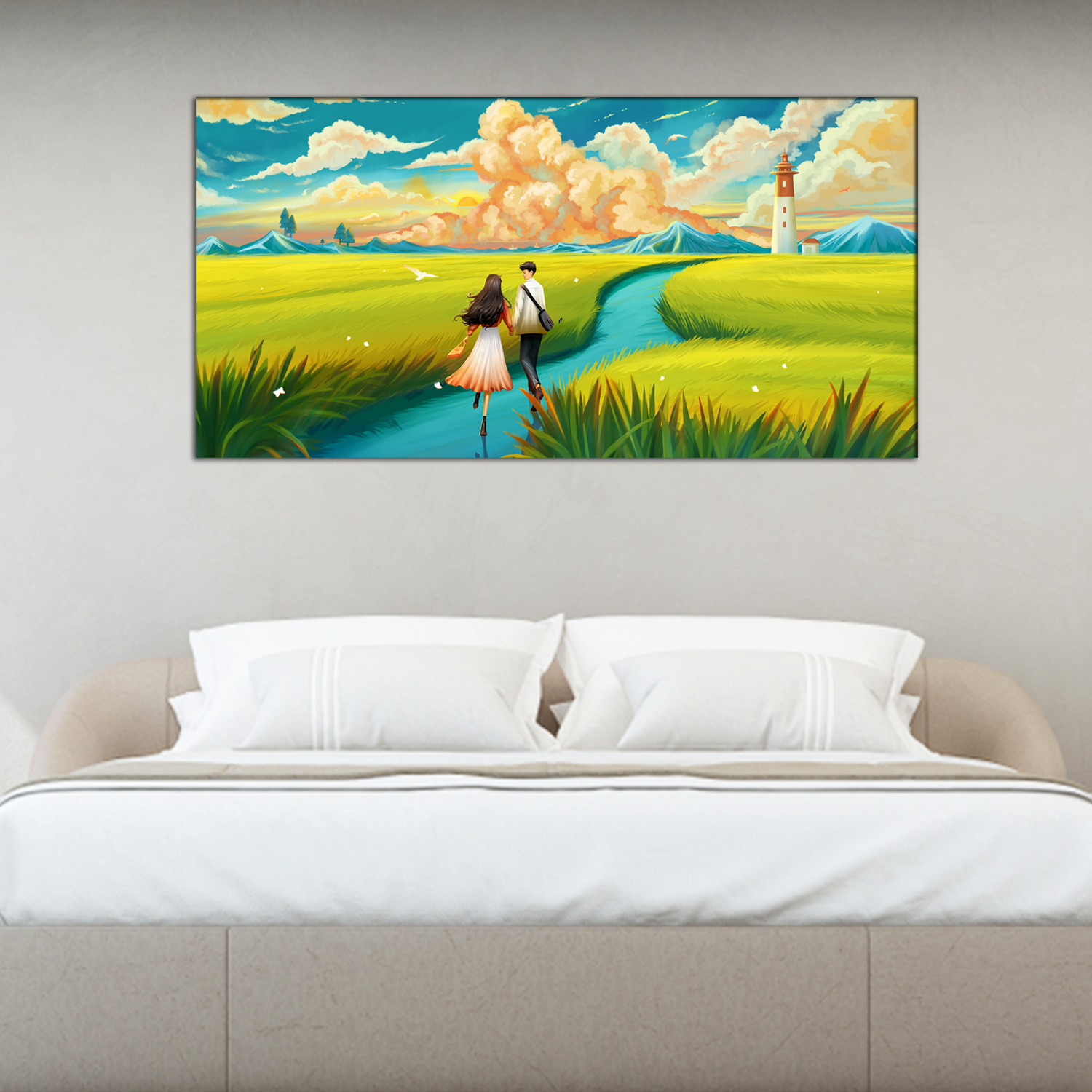 Lovers are Running in a Wheat Field Canvas Print Wall Painting