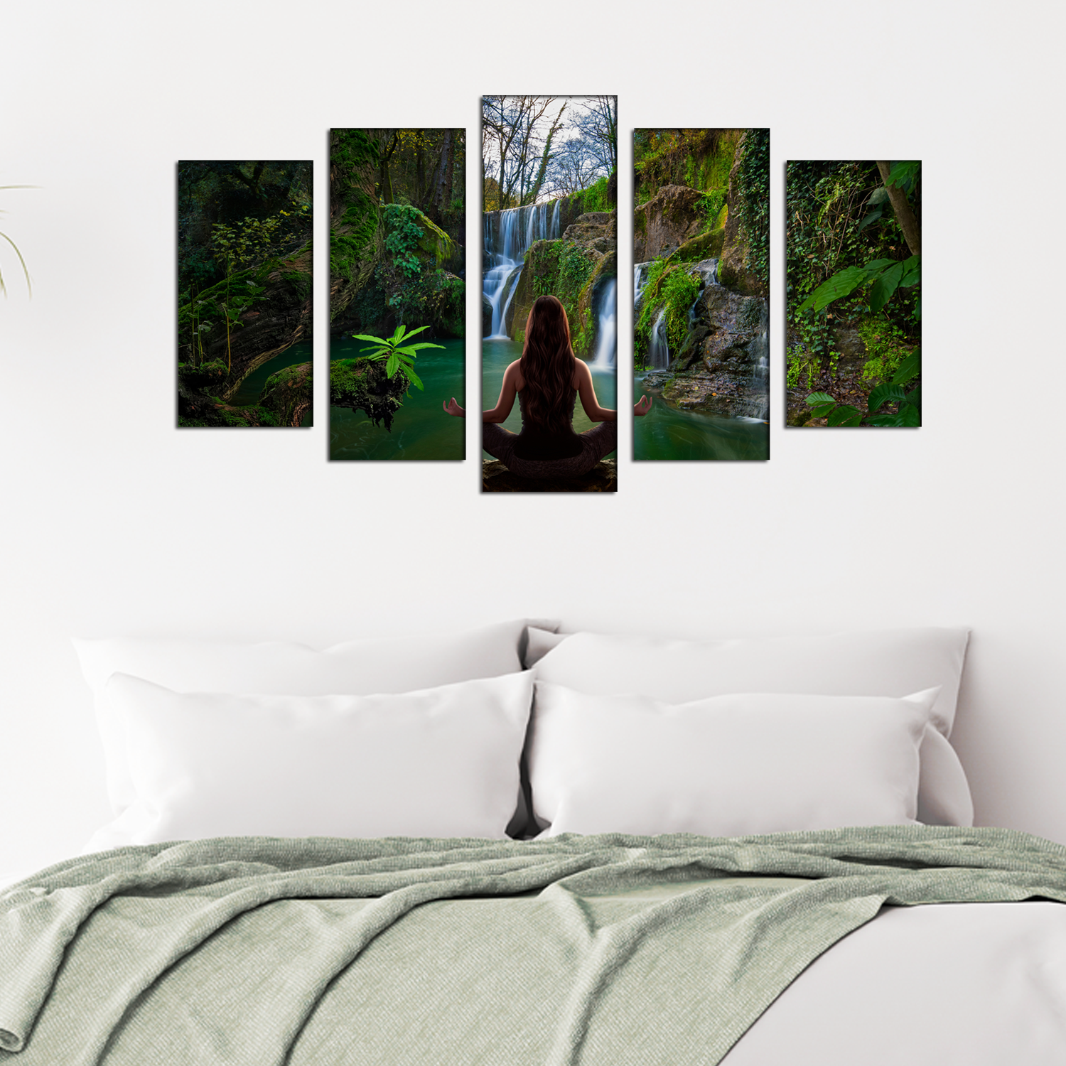 beautiful wall painting of girl meditating in front of waterfall 