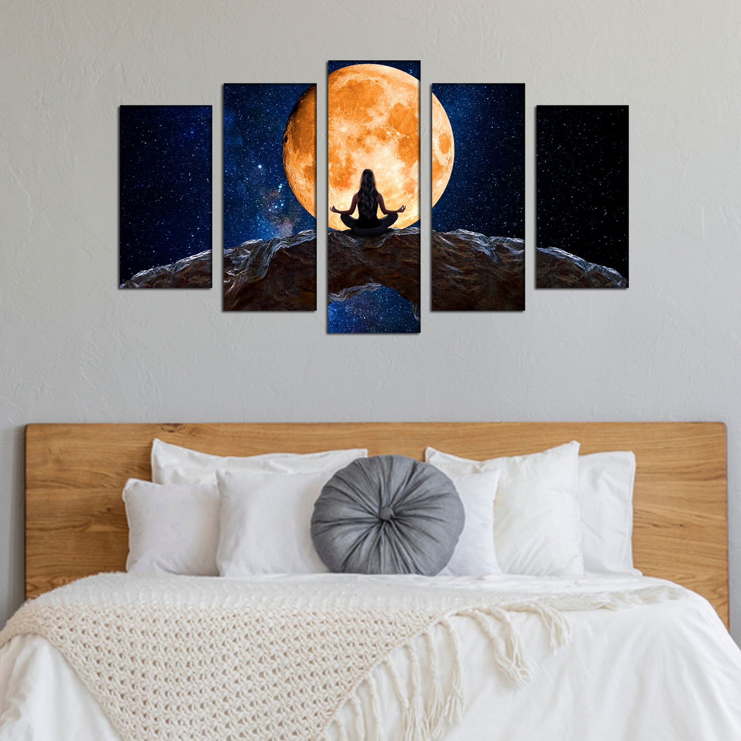 Women meditating and observing the moon MDF wall panel painting
