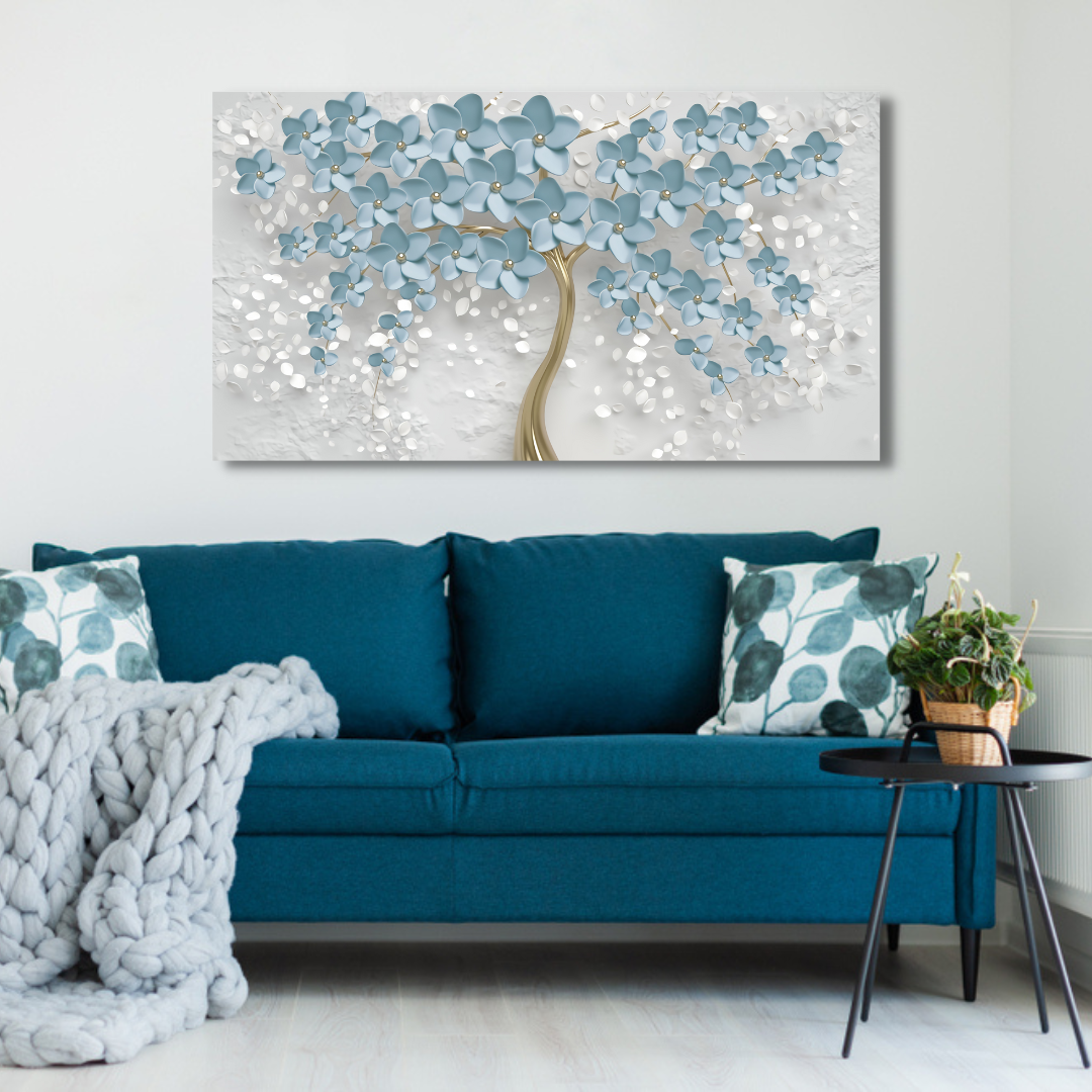 3D Tree Blue Flower Canvas Print Wall Painting
