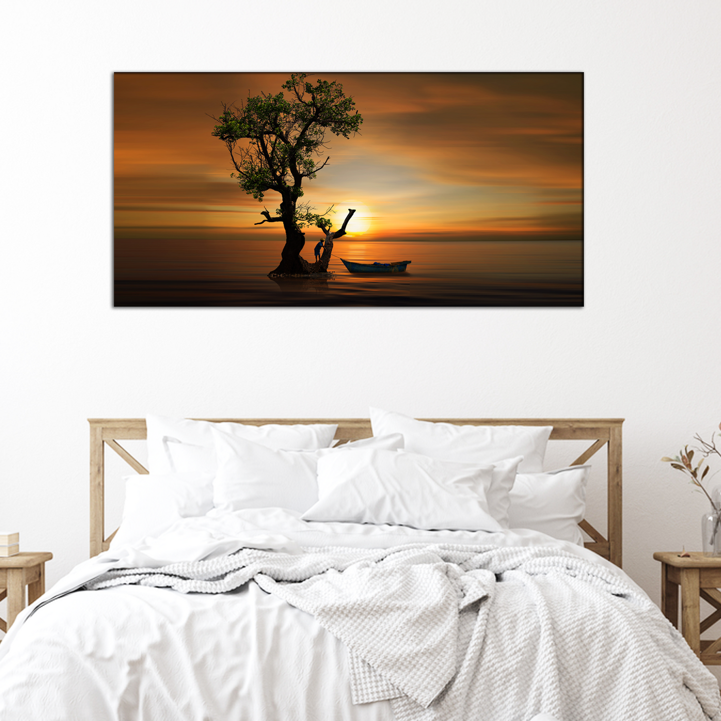The Boat & Boy With Sunset Canvas Print Wall Painting