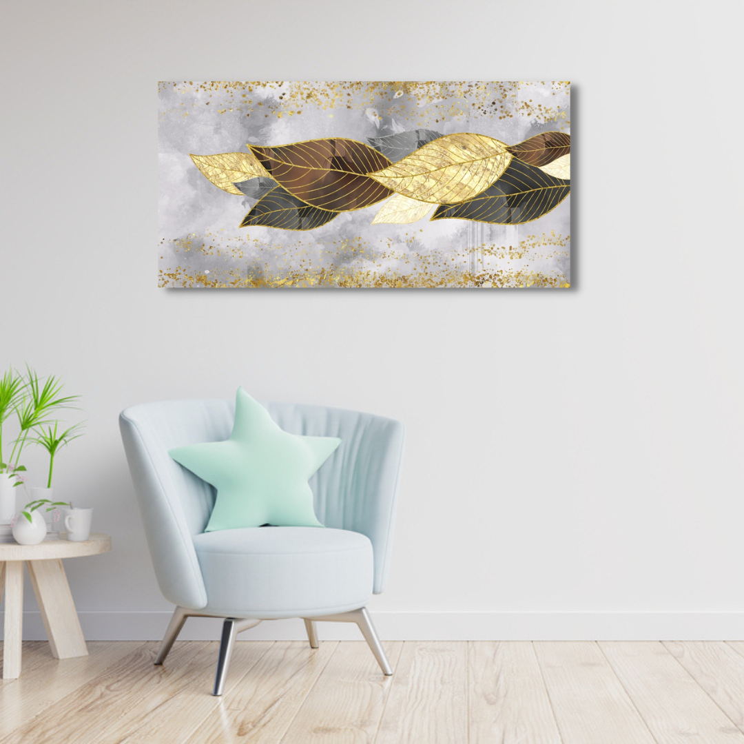 3d art golden, brown, yellow, black and gray leaves, feathers Canvas Print Wall Painting