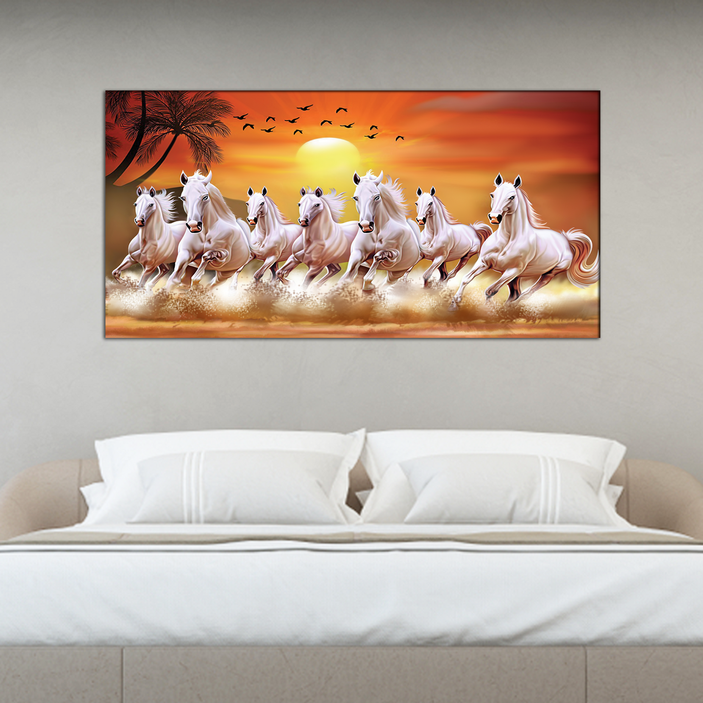 Beautiful White Seven Horses Running Canvas Wall Painting