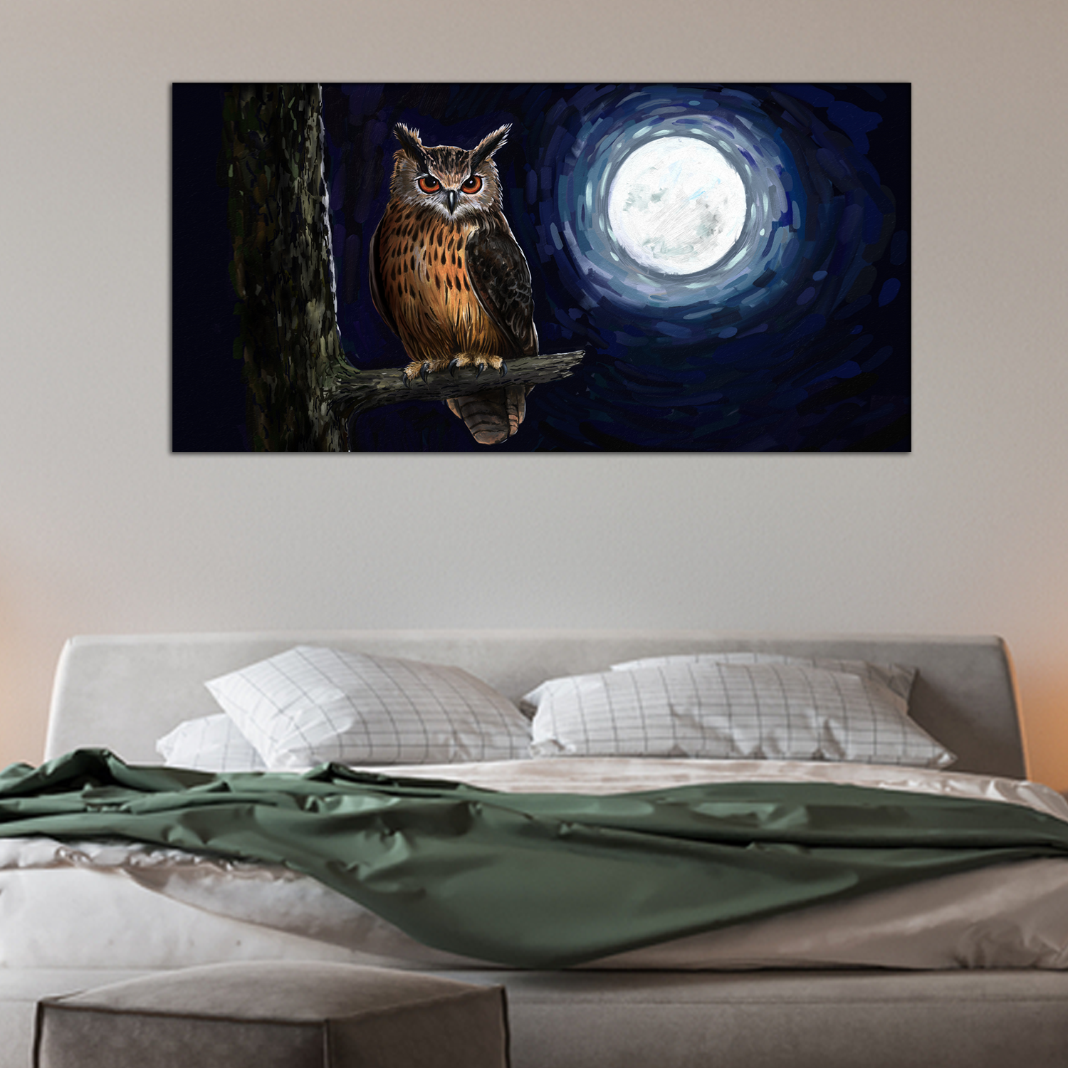 Owl With Moon Canvas Print Wall Painting