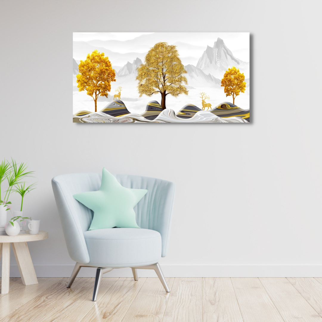 wall painting canvas of golden tress with wavy mountains 