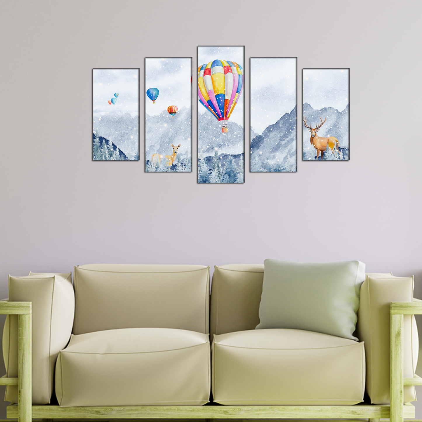 Snow fall in forest and Hot Air balloon MDF wall panel painting