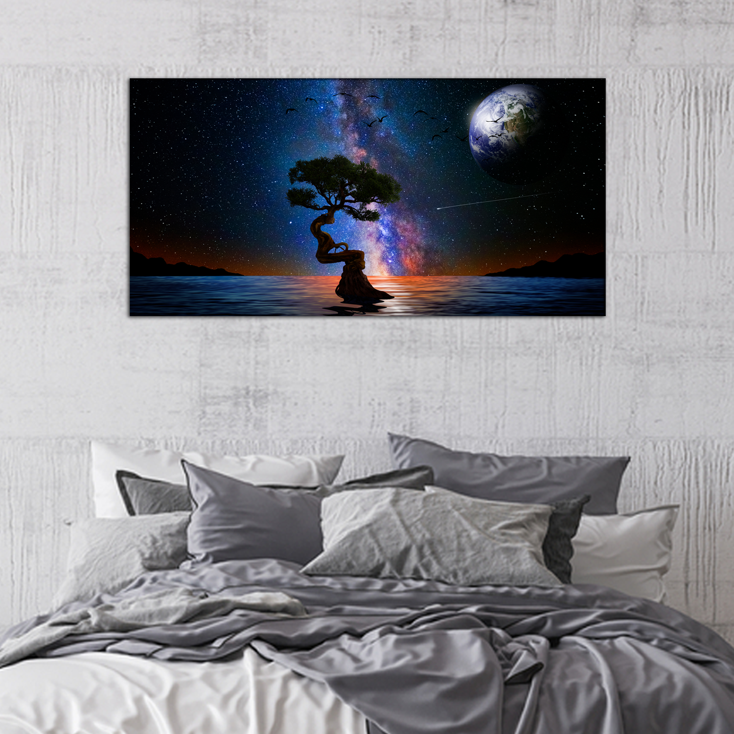 Starry Night Over the Lake with Tree Canvas Print Wall Painting