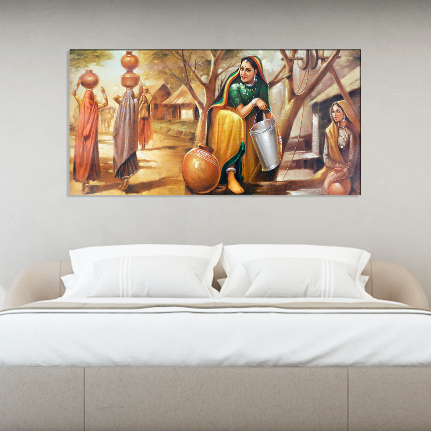 Woman Who is Filling Water in a Pot Abstract Canvas Print Wall Painting