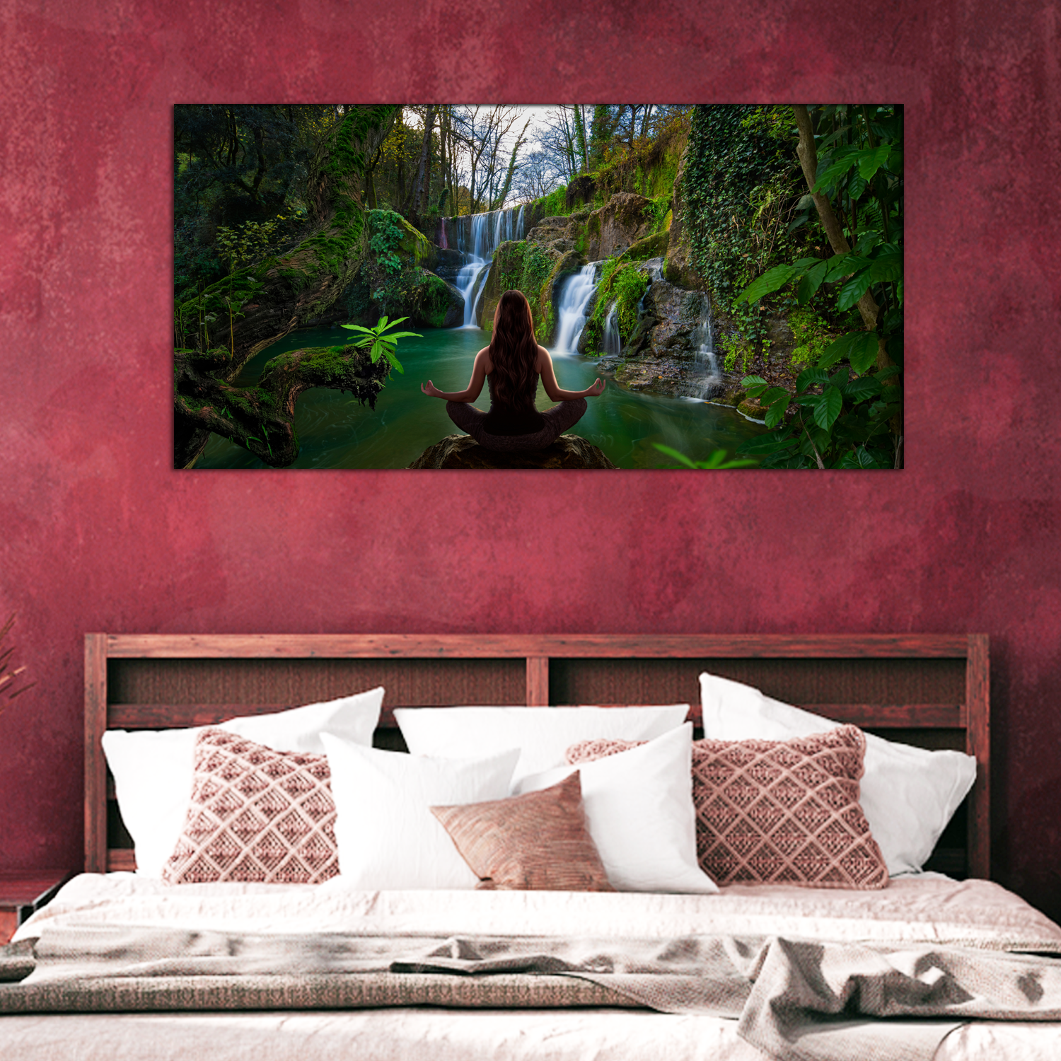 wall painting canvas of yoga girl in front of waterfall  