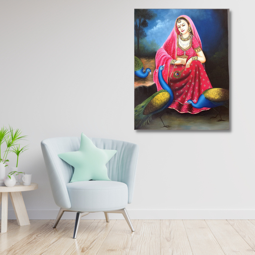 Rajasthani Beautiful Women With Peacock Canvas Print Wall Painting