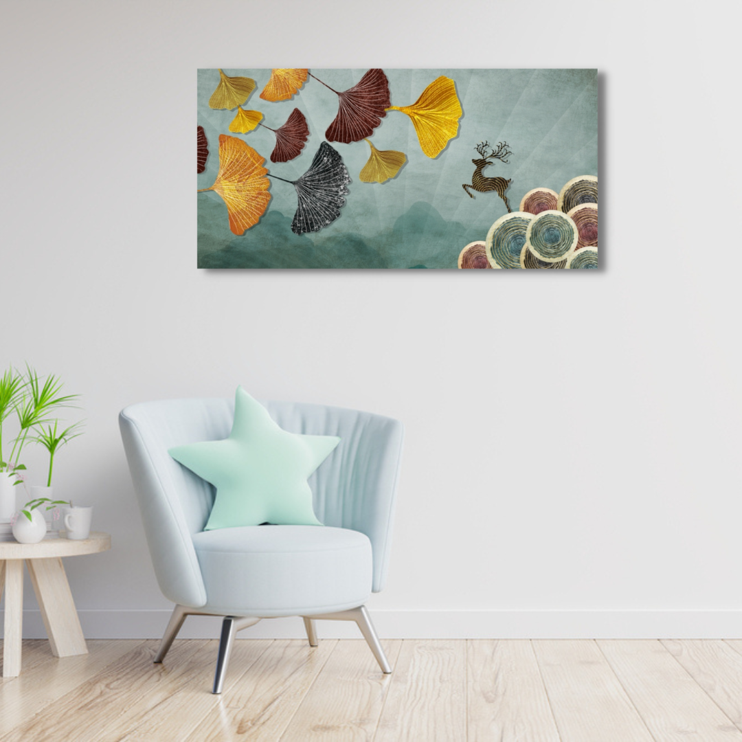 3D Floral  Leaf, Deer And Circles Canvas Print Wall Painting