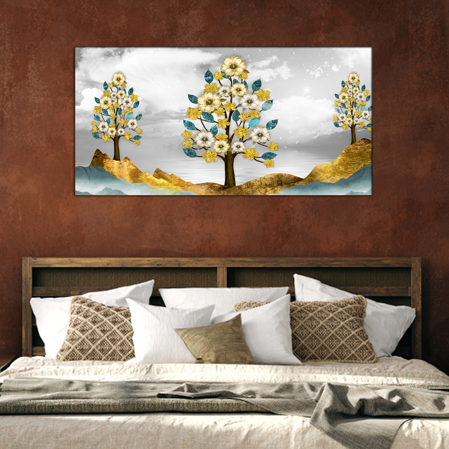 Brown Trees with Golden Flowers Canvas Print Wall Painting