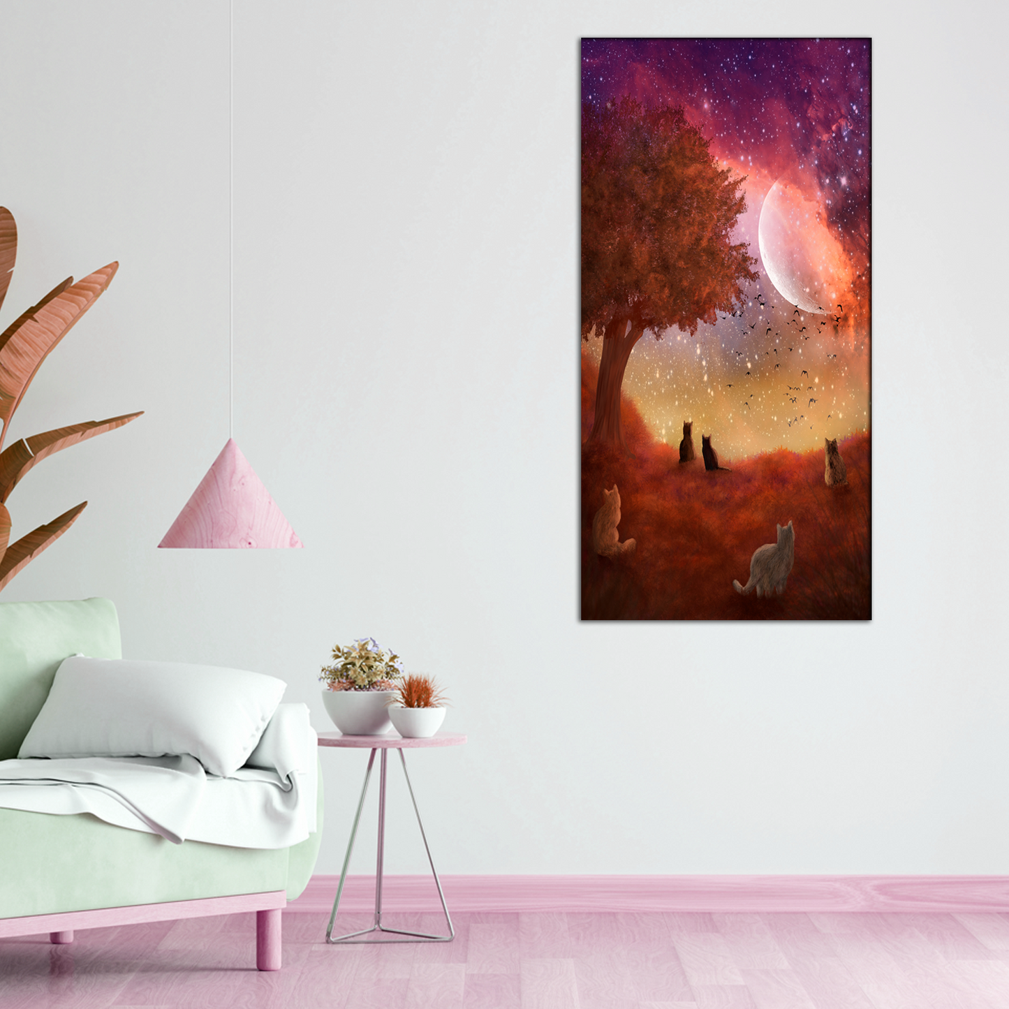 Little Dreamer Cats With Tree Canvas Print Wall Painting
