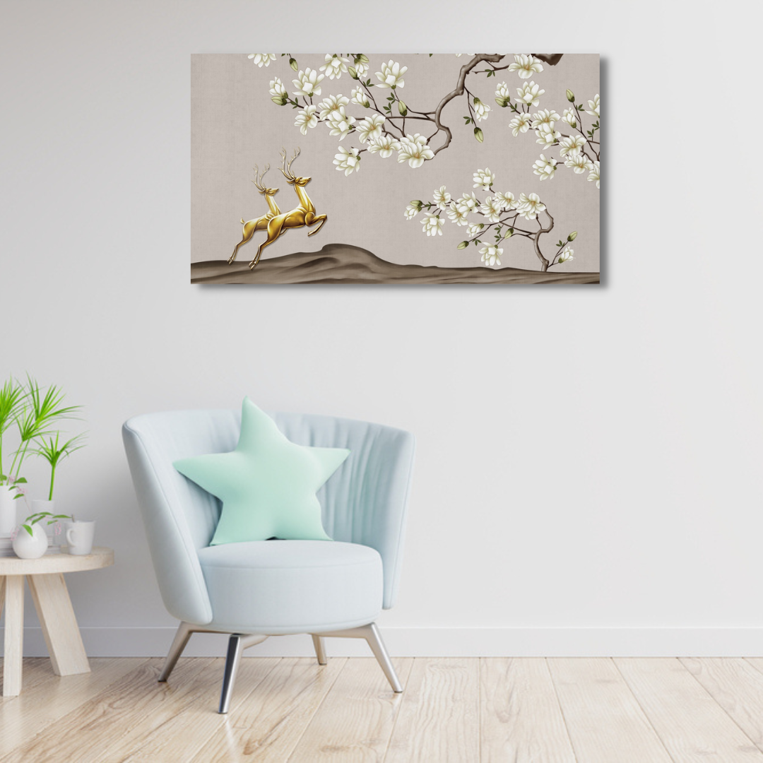 white tree branch flowers and golden deer wall painting
