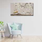 white tree branch flowers and golden deer wall painting