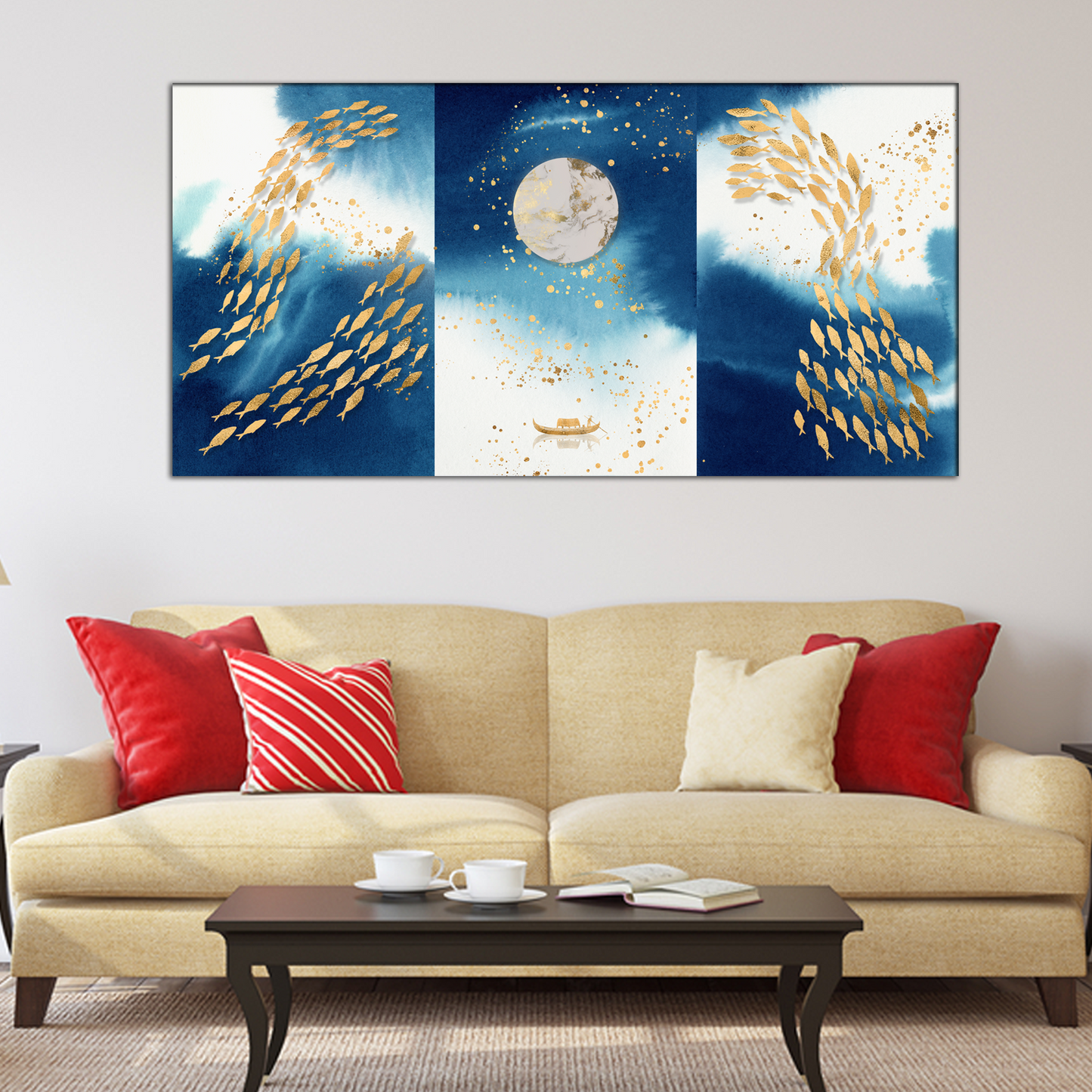 Fish Swimming, Moon and Boat Canvas Print Wall Painting
