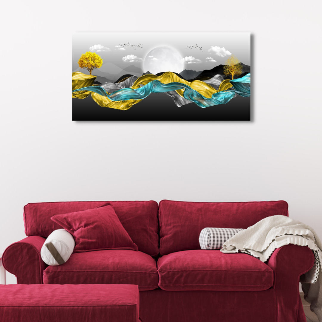 3d modern landscape moon golden trees colorful wavy mountains Canvas Print Wall Painting
