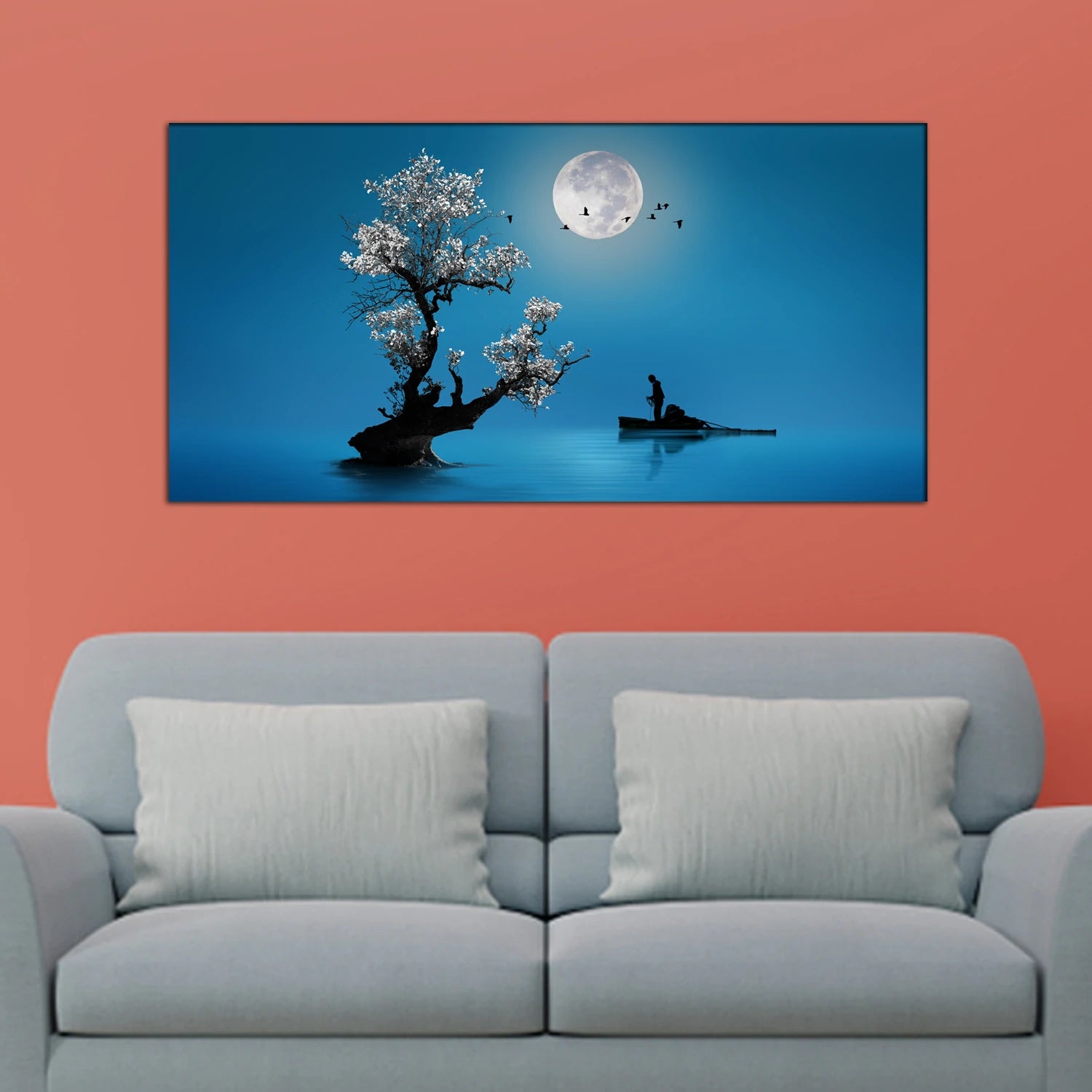 Fishing under the moon light Canvas Print Wall Painting