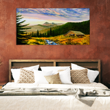 beautiful sunset over pine trees wall painting