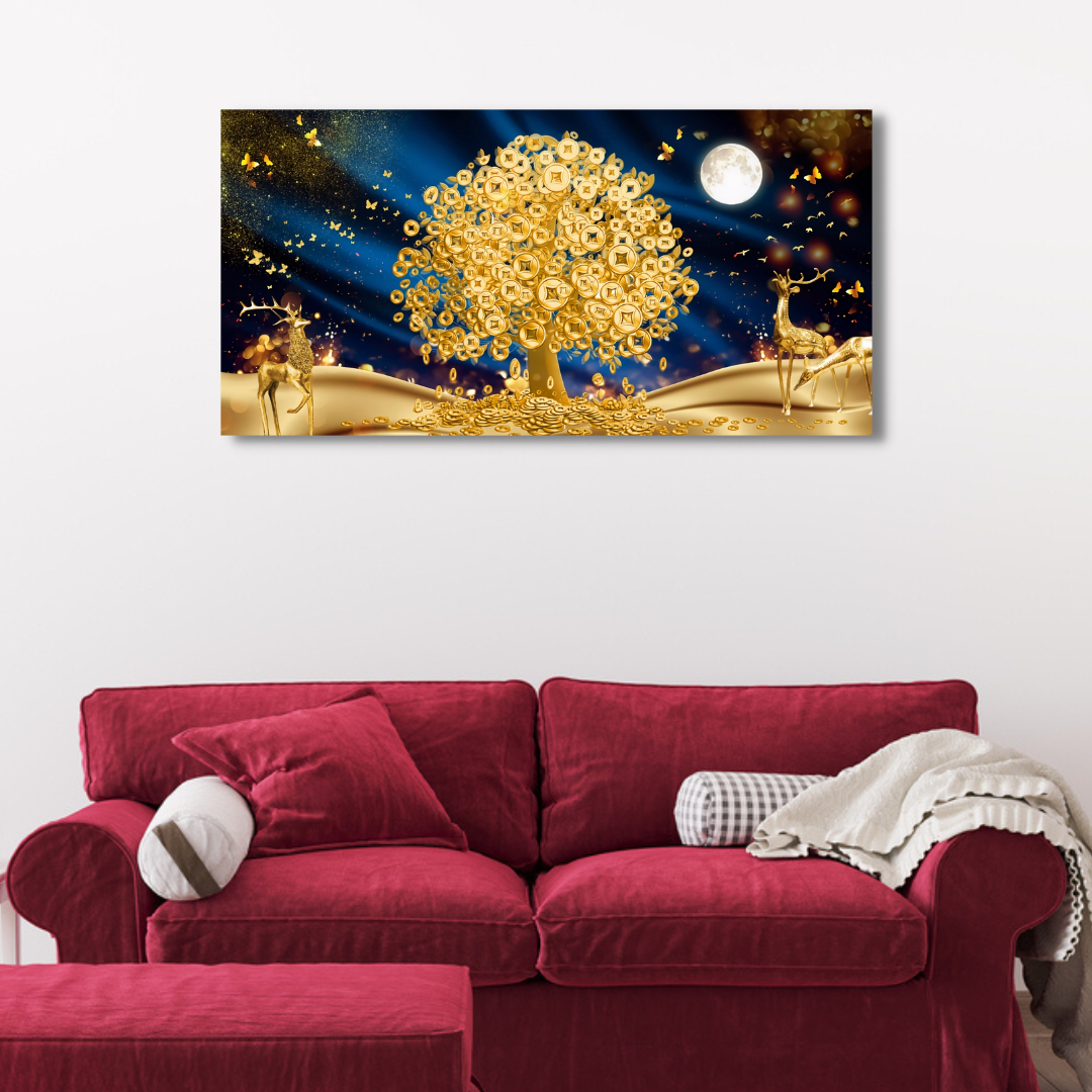 Golden Tree With Deer Canvas Print Wall Painting