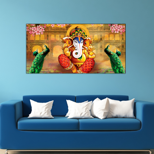 Lord Ganesha With Peacock Religious Canvas Print Wall Painting