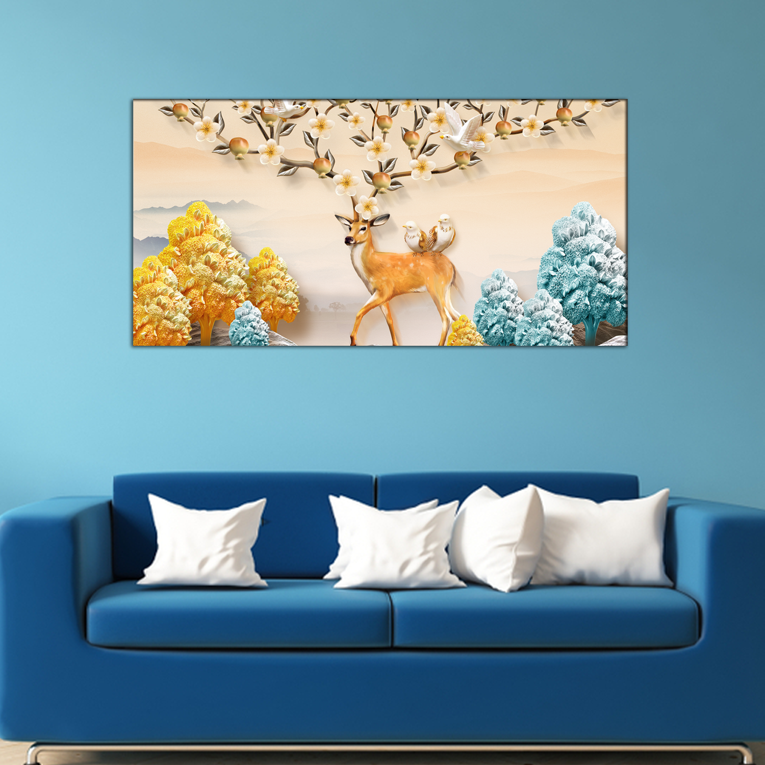 Deer, Leaves and Flowers Canvas Print Wall Painting