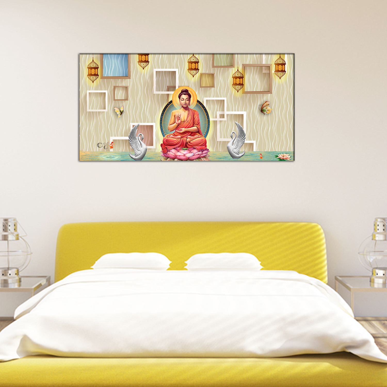 Buddha on Lotus With Swans Canvas Print Wall Painting