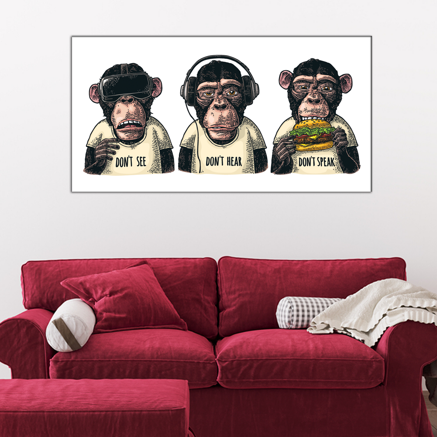 Three wise Monkeys in Headphones Canvas Print Wall Painting