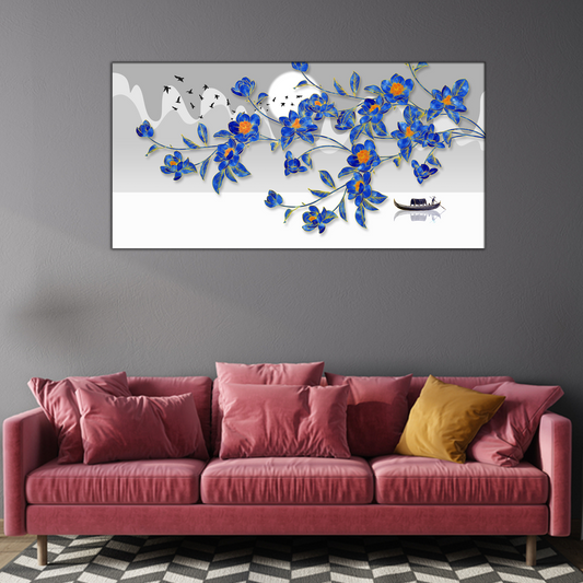 Blue Flowers and Flying Birds Canvas Print Wall Painting