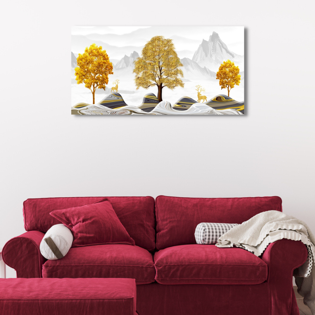 Golden trees and colorful wavy mountains Canvas Print Wall Painting