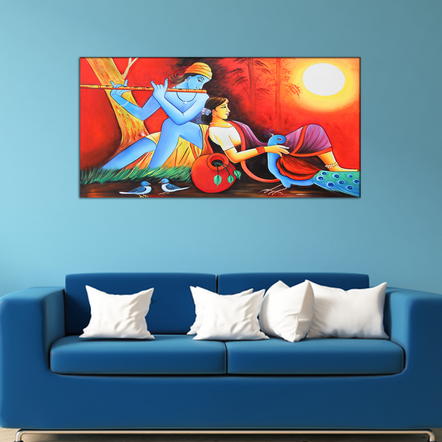 wall painitng of  lord krishna and radha with peacock