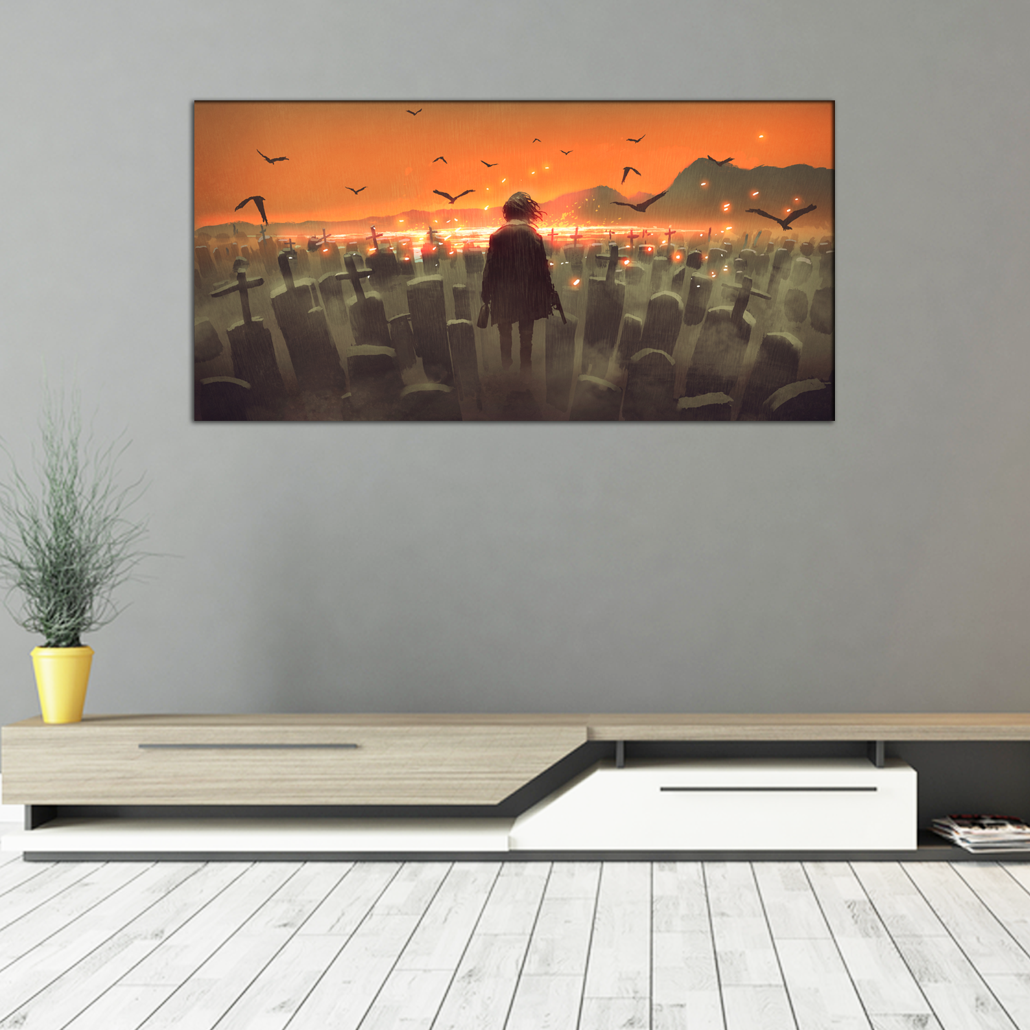 Drunk Man with a Gun Walking in a Graveyard Canvas Print Wall Painting
