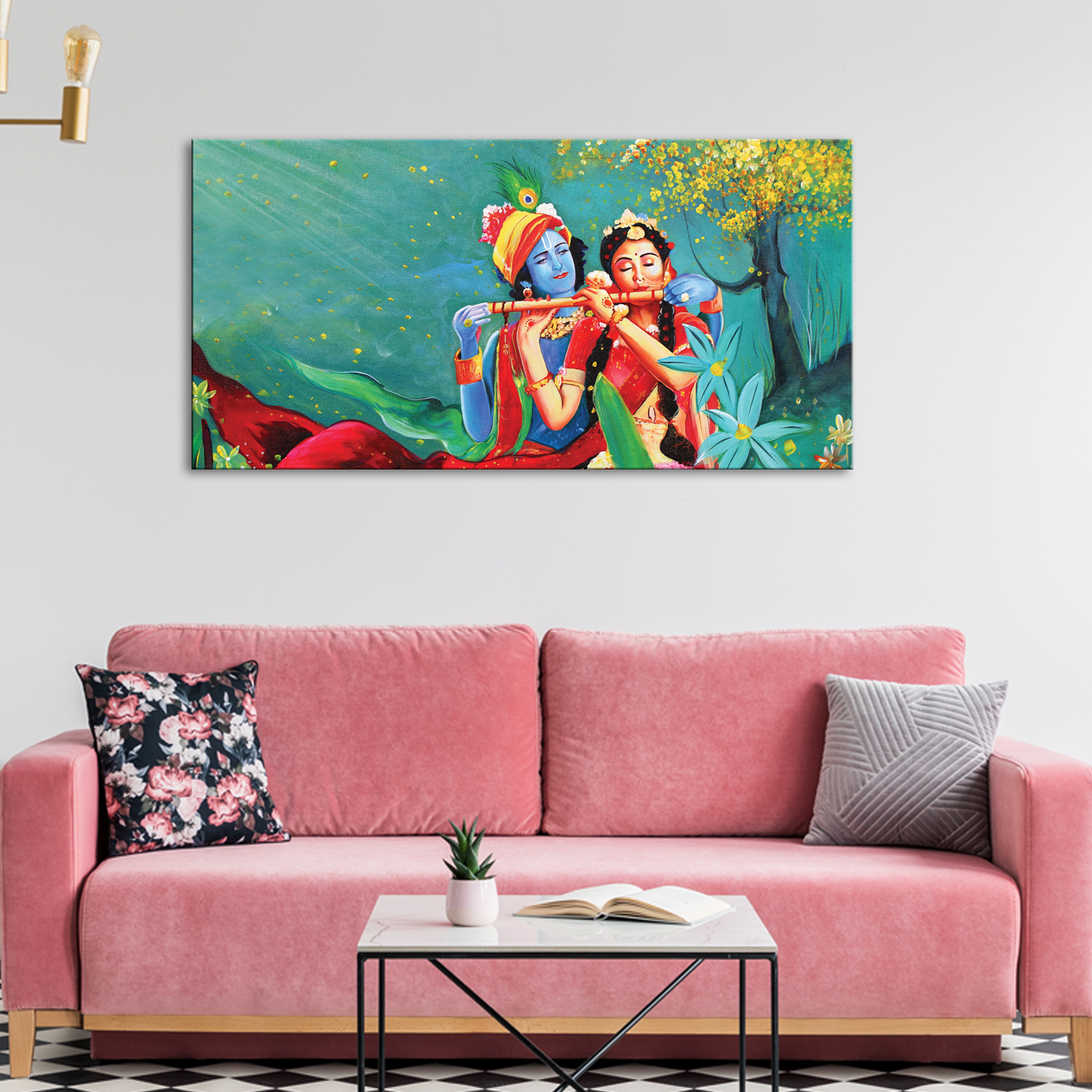 canvas wall painting for decoration of flute playing Radha and Krishna  