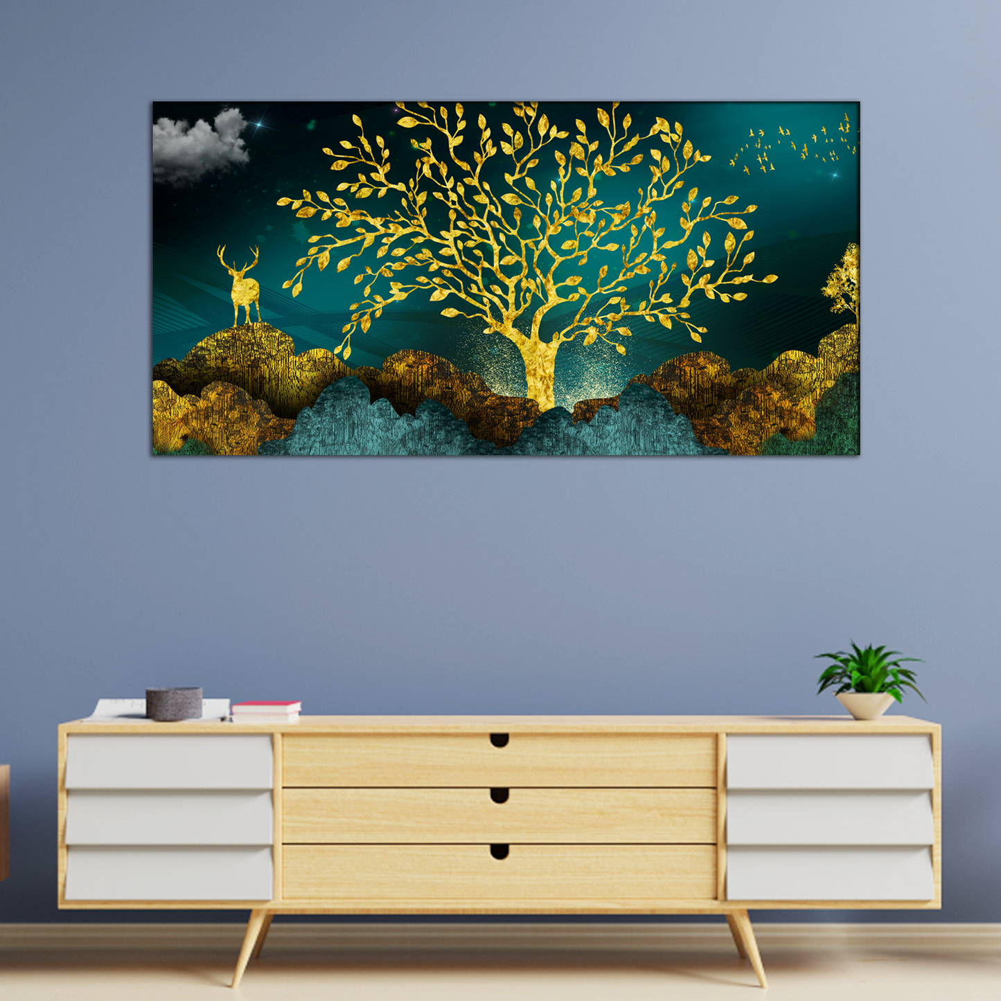 Golden Trees and Deer with Hills Canvas Print Wall Painting