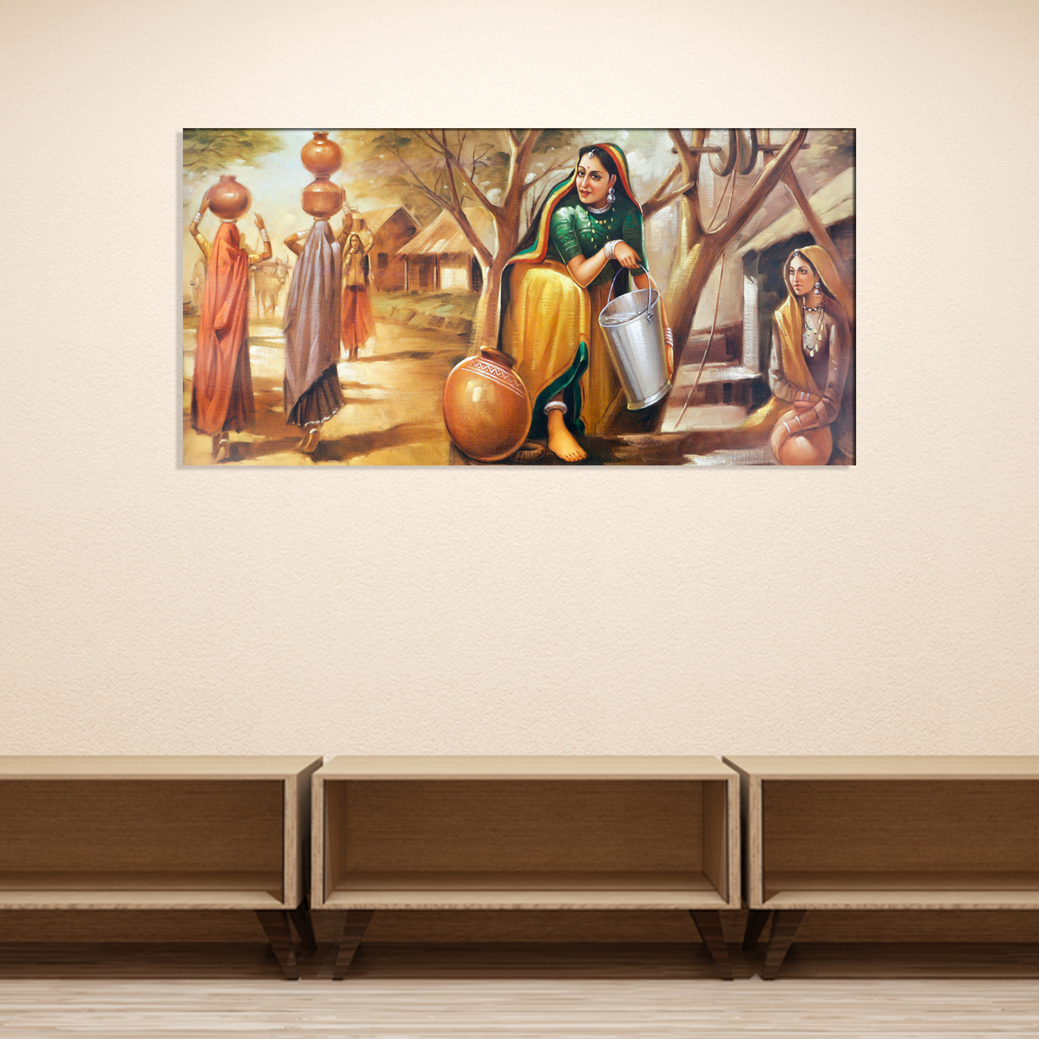Woman Who is Filling Water in a Pot Abstract Canvas Print Wall Painting