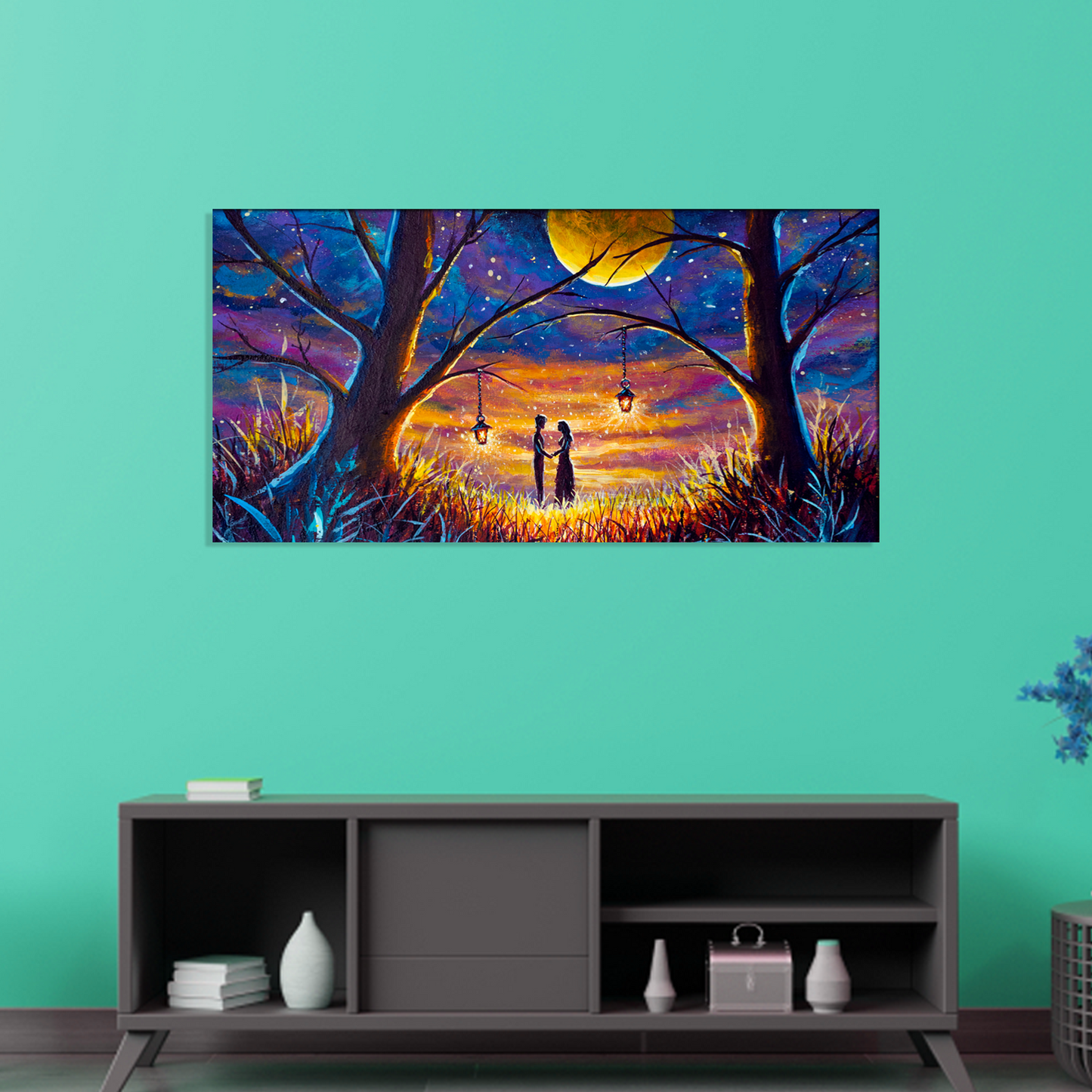 Romantic Couple Sunset With Big Moon Canvas Print Wall Painting